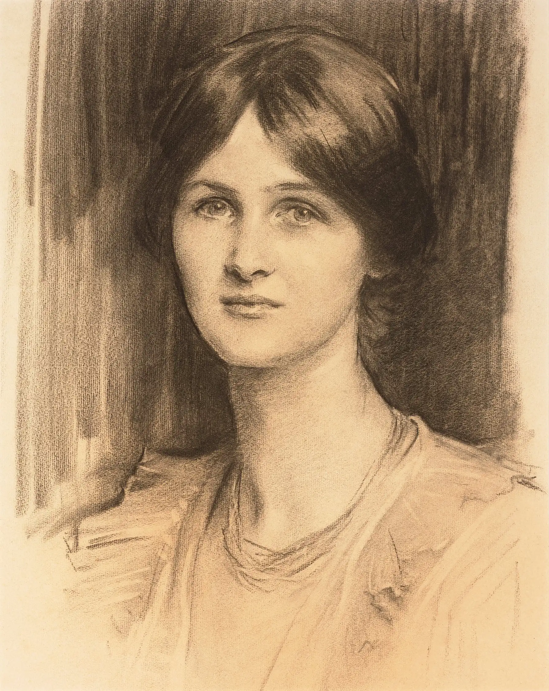Retrato de una muchacha de pelo corto, mirando hacia arriba.